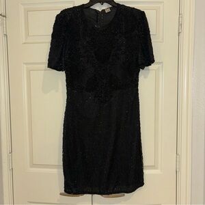Vintage Unbranded Black Beaded Silk 80s Style Cocktail Dress Size Petite Medium